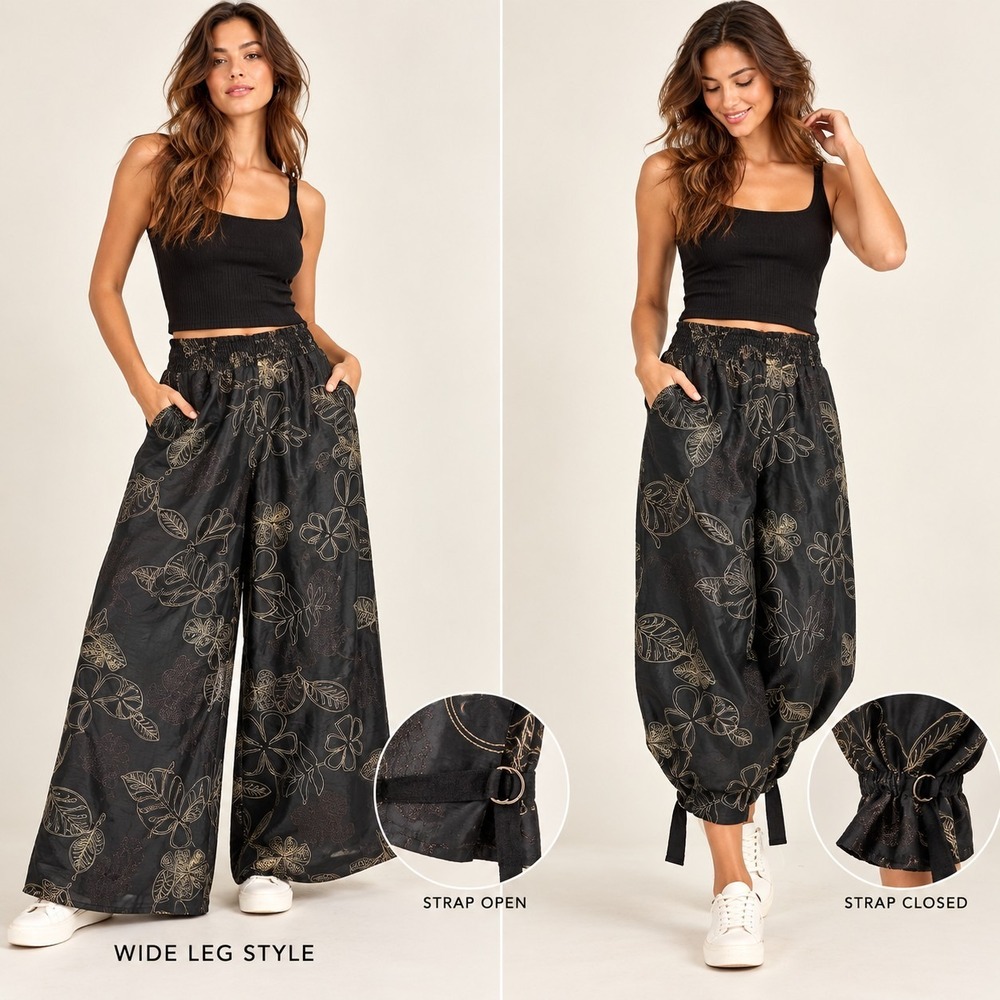 Wide-leg Embroidered Pants Convertible Hem High-rise Brown Golden Medium
